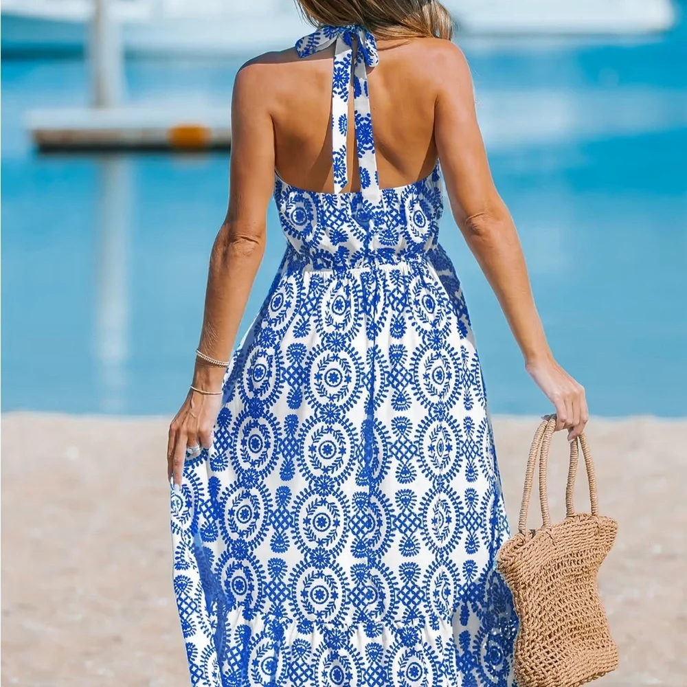Blue & White Ornate Halterneck Sleeveless Midi Dress - Picture 4 of 4